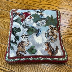 Vintage needlepoint 14” Christmas pillow.  Red velvet on back. Includes pillow.